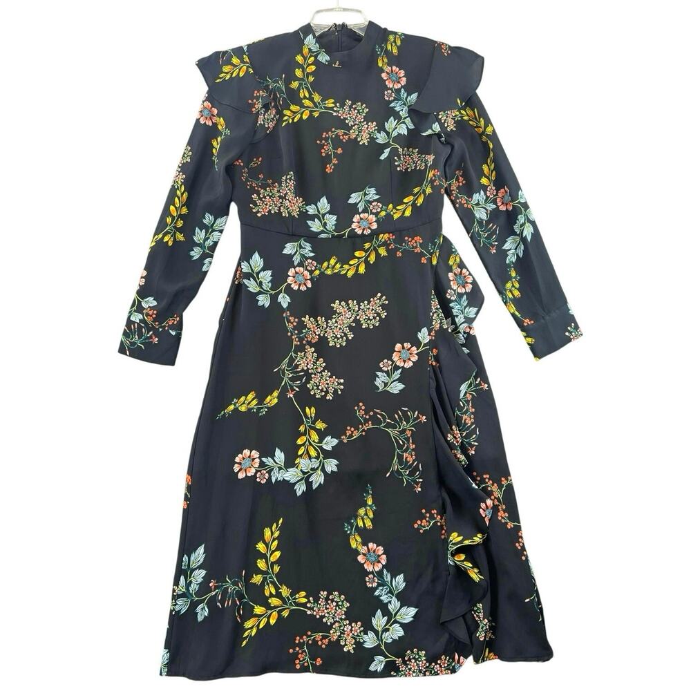 Who What Wear Floral Ruffle Shoulder Midi Dress Black Long Sleeve Size M